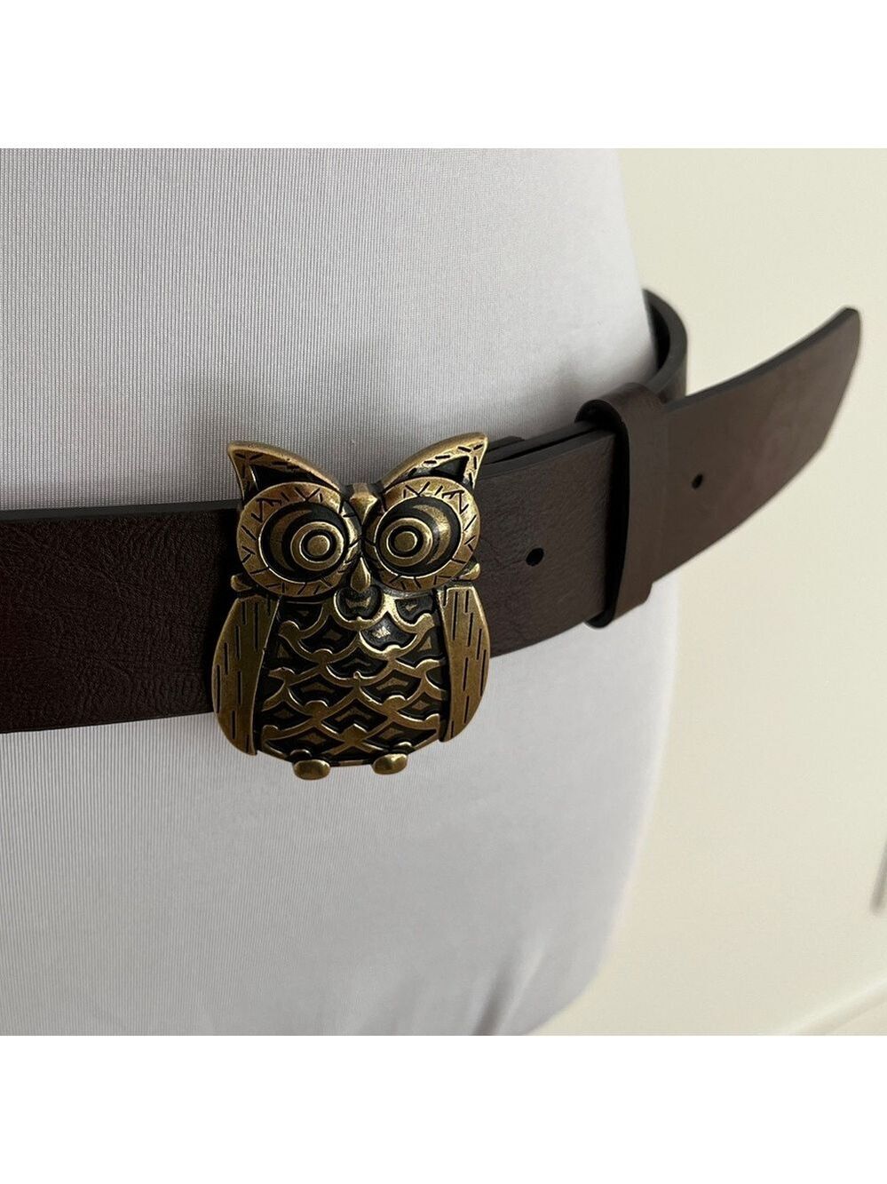 AEROPOSTALE Belt  Owl Buckle Brass Tone Metal Faux Brown Leather Whimsical